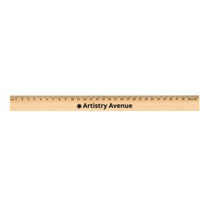 A wooden ruler measuring 30cm, featuring black branding and a light wood finish.