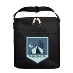 A black cooler bag with a zippered closure and a logo featuring a tent and trees.