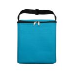 A cooler bag in bright blue with a zipper closure and a black adjustable strap. It features a front pocket.