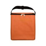An orange cooler bag with a black strap and a front pocket, featuring a zipper closure.