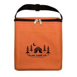 An orange cooler bag with a zipper, featuring a front pocket and a logo.