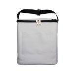 A grey cooler bag with a front pocket and a black adjustable strap. It features a zip closure and branding.