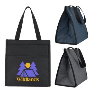 A black cooler bag with a logo, featuring grey and denim options, showcasing sturdy handles and a spacious interior.