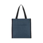 A cooler bag in dark blue with black accents and handles, featuring a zippered closure and a front pocket.