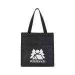 A black cooler bag featuring a logo and a front pocket, designed for transporting food and drinks.