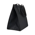A black cooler bag with a structured design and two handles, featuring a spacious interior.