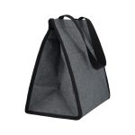 A cooler bag in grey fabric with black trim and handles, featuring an insulated interior.