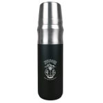 A drink bottle with a stainless steel top and a matte black body, featuring a logo.
