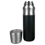 A drink bottle featuring a sleek, black exterior and stainless steel accents, accompanied by a matching cup.