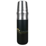 A drink bottle with a sleek black exterior and a silver metal top, featuring a logo design.