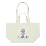 A light cream canvas bag with a colourful logo in the centre and two sturdy handles.