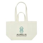 A cream tote bag with two handles, featuring a logo design on one side.