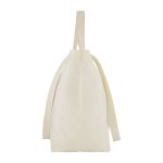 A cream canvas bag with sturdy straps and a minimalist design, featuring a logo on one side.