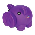 A purple piglet coin bank with black eyes and a smooth finish, featuring a logo on the side.