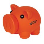 An orange piglet coin bank with large black eyes and a rounded shape, featuring a logo.