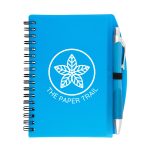 A blue spiral notebook with a pen attached, featuring a logo on the cover.