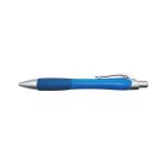 A blue pen with a silver tip and clip, featuring a textured grip for comfort.