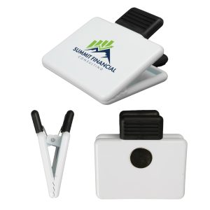 A white magnetic clip is displayed, featuring a black grip and a logo on one side.