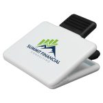 A magnetic clip featuring a white body with a black grip and a logo in green and blue for Summit Financial Consulting.