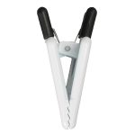 A white Crest Magnetic Clip with black rubber grips, designed for holding papers or notes.