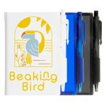 A white pocket notebook with a colorful design and three pens in black, blue, and translucent colors.