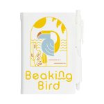 A pocket notebook featuring a colorful bird design and the text "Beaking Bird," accompanied by a pen.