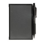 A black pocket notebook with a pen attached, featuring a sleek design, suitable for office or business use.
