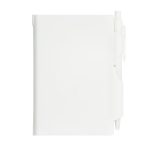 A white pocket notebook with a pen attached. The notebook features a cover and an integrated pen holder for convenience.
