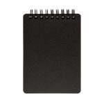 A black spiral-bound notebook with a smooth textured cover and blank pages.