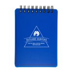 A blue spiral-bound notebook with a logo and a geometric design on the front cover.