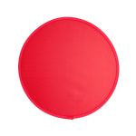A round, bright red fabric item with a smooth surface and a stitched edge.