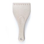 A light-colored eco-friendly ice scraper with a rounded handle and textured scraping edge. It features a logo.