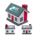 A stress-relief toy shaped like a colorful house, featuring a red chimney and window, with logos on the sides.