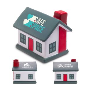 A stress-relief toy shaped like a colorful house, featuring a red chimney and window, with logos on the sides.