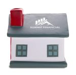 A house-shaped stress reliever in grey, white, and red, featuring a logo on the front.