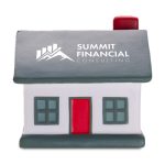 A house-shaped stress reliever in grey, white, and red, featuring a logo on the front.