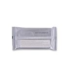 A silver packet of H2O Wet Wipes with a resealable closure, featuring a logo on the front.