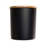 A medium black glass candle with a natural bamboo lid, featuring a smooth, sleek design.