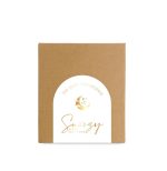 A brown cardboard box featuring a circular white label with gold graphics and text for "Snoozy Sleep Solutions."