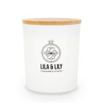 A medium glass candle with a white frosted finish and a bamboo lid, featuring a logo.