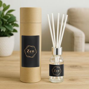 A glass vanilla reed diffuser with white reeds, displayed next to a cylindrical kraft packaging and a green plant.