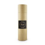 A cylindrical cardboard tube in a natural colour, featuring a black label with a logo.
