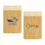 A bamboo notebook featuring a logo on one side and a smooth bamboo surface on the other.