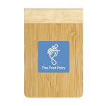 A bamboo notebook featuring a wooden cover and a blue logo for "The Foot Fairy."