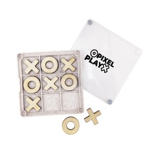 A Noughts & Crosses coaster set with a transparent case, featuring wooden X and O pieces in a grid layout.