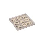 A translucent coaster featuring a Noughts & Crosses game with wooden X and O pieces in a grid layout.