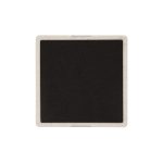 A square coaster featuring a black surface with a light-coloured border, including a logo.