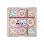 A Noughts & Crosses coaster featuring a wooden grid with X and O pieces, in a clear, plastic frame. Includes branding.