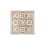 A Noughts and Crosses coaster featuring wooden Xs and Os arranged on a clear, square base.