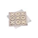A Noughts & Crosses coaster featuring a grid with wooden 'X' and 'O' pieces in a clear casing.